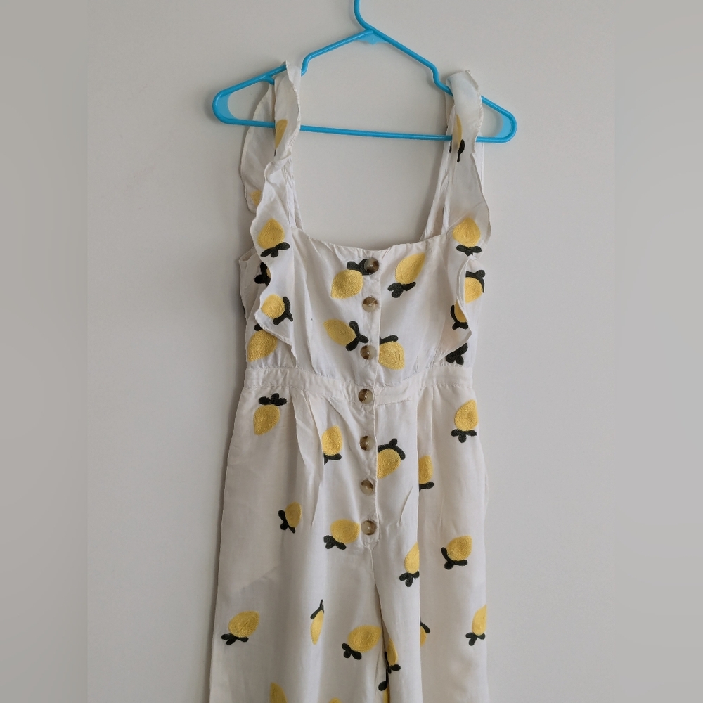 Anthropologie Red Carter Embroidered Lemon Ruffle Wide leg Flare Jumpsuit SMALL - Picture 2 of 15
